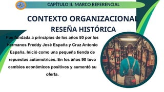 CONTEXTO ORGANIZACIONAL
CAPÍTULO II. MARCO REFERENCIAL
RESEÑA HISTÓRICA
Fue fundada a principios de los años 80 por los
hermanos Freddy José España y Cruz Antonio
España. Inició como una pequeña tienda de
repuestos automotrices. En los años 90 tuvo
cambios económicos positivos y aumentó su
oferta.
 