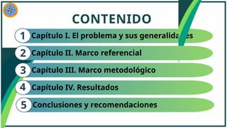Capítulo I. El problema y sus generalidades
CONTENIDO
1
Capítulo II. Marco referencial
2
Capítulo III. Marco metodológico
3
Capítulo IV. Resultados
4
Conclusiones y recomendaciones
5
 