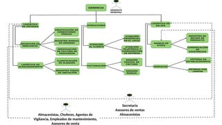 Secretaria
Asesores de ventas
Almacenistas
Almacenistas, Choferes, Agentes de
Vigilancia, Empleados de mantenimiento,
Asesores de venta
 