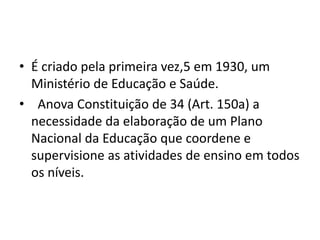• É criado pela primeira vez,5 em 1930, um
Ministério de Educação e Saúde.
• Anova Constituição de 34 (Art. 150a) a
necessidade da elaboração de um Plano
Nacional da Educação que coordene e
supervisione as atividades de ensino em todos
os níveis.
 