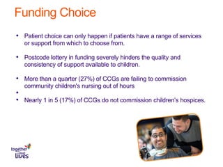 Funding Choice
• Patient choice can only happen if patients have a range of services
or support from which to choose from.
• Postcode lottery in funding severely hinders the quality and
consistency of support available to children.
• More than a quarter (27%) of CCGs are failing to commission
community children's nursing out of hours
•
• Nearly 1 in 5 (17%) of CCGs do not commission children’s hospices.
 