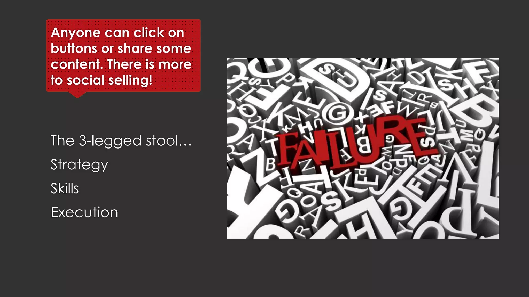 Anyone can click on buttons
or share some content. There
is more to the strategy of
social selling!
The 3-legged stool…
Strategy
Skills
Execution
 
