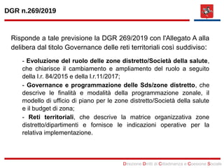 Direzione Diritti di Cittadinanza e Coesione Sociale
DGR n.269/2019
Risponde a tale previsione la DGR 269/2019 con l'Allegato A alla
delibera dal titolo Governance delle reti territoriali così suddiviso:
- Evoluzione del ruolo delle zone distretto/Società della salute,
che chiarisce il cambiamento e ampliamento del ruolo a seguito
della l.r. 84/2015 e della l.r.11/2017;
- Governance e programmazione delle Sds/zone distretto, che
descrive le finalità e modalità della programmazione zonale, il
modello di ufficio di piano per le zone distretto/Società della salute
e il budget di zona;
- Reti territoriali, che descrive la matrice organizzativa zone
distretto/dipartimenti e fornisce le indicazioni operative per la
relativa implementazione.
 