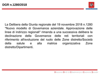 Direzione Diritti di Cittadinanza e Coesione Sociale
La Delibera della Giunta regionale del 19 novembre 2018 n.1280
"Nuovo modello di Governance aziendale. Approvazione delle
linee di indirizzo regionali" rimanda a una successiva delibera la
declinazione della Governance delle reti territoriali con
riferimento all'evoluzione del ruolo delle Zone distretto/Società
della salute e alla matrice organizzativa Zone
distretto/Dipartimenti.
DGR n.1280/2018
 