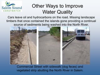 Other Ways to Improve
Water Quality
Commercial Street with sidewalk (dog feces) and
vegetated strip abutting the North River in Salem.
Cars leave oil and hydrocarbons on the road. Missing landscape
timbers that once contained the islands gone providing a continual
source of sediments being washed into the North River.
 