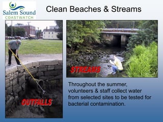 Clean Beaches & Streams
Throughout the summer,
volunteers & staff collect water
from selected sites to be tested for
bacterial contamination.
 