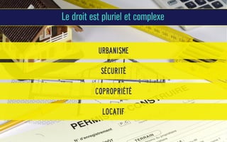 Le droit est pluriel et complexe
urbanisme
sécurité
copropriété
locatif

 
