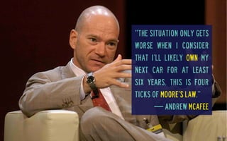 ‟The situation only gets
worse when I consider
that I’ll likely own my
next car for at least
six years. This is four
ticks of Moore’s Law.”
— Andrew McAfee

 