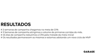 RESULTADOS
# 2 semanas de campanha chegamos na meta de CPA
# 3 Semanas de campanha atingimos o volume de primeiras corridas do mês.
# 45 dias de campanha reduzimos o CPA pela metade da meta inicial
# Os resultados permanecem os mesmos e estamos adotando um novo ciclo de MVP
 