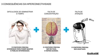 O CONTEÚDO PRECISA
SER ADAPTADO.
O CONTEÚDO PRECISA
SER DE FÁCIL
E RÁPIDO ACESSO.
O CONTEÚDO PRECISA
INTERESSAR PARA PODER MANTER
O PÚBLICO INTERESSADO.
FALTA DE
CONCENTRAÇÃO
FALTA DE
ATENÇÃO
3 CONSEQUÊNCIAS DA HIPERCONECTIVIDADE
DIFICULDADE DE ADMINISTRAR
O TEMPO
 