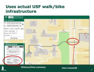 10
Uses actual USF walk/bike
infrastructure
Distance/time summary Uses crosswalk
 