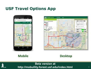 6
USF Travel Options App
DesktopMobile
Beta version at
http://mobullity.forest.usf.edu/index.html
 