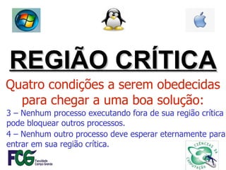REGIÃO CRÍTICA Quatro condições a serem obedecidas para chegar a uma boa solução: 3 – Nenhum processo executando fora de sua região crítica  pode bloquear outros processos. 4 – Nenhum outro processo deve esperar eternamente para entrar em sua região crítica. 