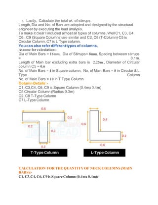 6. Lastly, Calculate the total wt. of stirrups.
Length, Dia and No. of Bars are adopted and designed by the structural
engineer by executing the load analysis.
To make it clear I included almost all types of columns. WellC1, C3, C4,
C6, C9 (Square Columns) are similar and C2, C8 (T-Column) C5 is
Circular Column, C7 is L Type column.
You can also refer different types of columns.
Assume for calculation:-
Dia of Main Bars = 16mm, Dia of Stirrups= 8mm, Spacing between stirrups
= 0.1m.
Length of Main bar excluding extra bars is 2.25m , Diameter of Circular
column C5 = 0.6
No. of Main Bars = 4 in Square column, No. of Main Bars = 8 in Circular & L
Type Column
No. of Main Bars = 10 in T Type Column
Column Details:-
C1, C3,C4, C6, C9 is Square Column (0.4mx 0.4m)
C5 Circular Column (Radius 0.3m)
C2, C8 T-Type Column
C7 L-Type Column
CALCULATION FOR THE QUANTITY OF NECK COLUMNS (MAIN
BARS):-
C1, C3,C4, C6, C9 is Square Column (0.4mx 0.4m):-
 