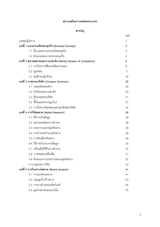 2
สถานเสริมความหลอครบวงจร
สารบัญ
หนา
บทสรุปผูบริการ 1
บทที่ 1 แนวความคิดของธุรกิจ (Business Concept) 3
1.1 ที่มาและความนาสนใจของธุรกิจ 3
1.2 ลักษณะของการประกอบธุรกิจ 4
บทที่ 2 สภาพตลาดและการแขงขัน (Market Situation & Competitors) 6
2.1 การวิเคราะหสิ่งแวดลอมภายนอก 6
2.2 คูแขงขัน 11
2.3 พฤติกรรมผูบริโภค 16
บทที่ 3 ภาพรวมบริษัท (Company Summary) 20
3.1 กลยุทธขององคกร 20
3.2 ปจจัยแหงความสําเร็จ 20
3.3 ผูรวมทุนของบริษัท 21
3.4 ที่ตั้งและสาธารณูปโภค 21
3.5 การวิเคราะหจุดออนและจุดแข็งของบริษัท 25
บทที่ 4 การวิจัยตลาด (Market Research) 28
4.1 วิธีการเก็บขอมูล 28
4.2 จุดประสงคของการสํารวจ 28
4.3 ประชากรและกลุมตัวอยาง 28
4.4 การกําหนดจํานวนตัวอยาง 28
4.5 การคัดเลือกตัวอยาง 29
4.6 วิธีการเก็บรวบรวมขอมูล 30
4.7 เครื่องมือที่ใชในการสํารวจ 30
4.8 การทดสอบเครื่องมือ 31
4.9 ลักษณะทางประชากรของกลุมตัวอยาง 32
4.10 สรุปผลการวิจัย 33
บทที่ 5 การวิเคราะหตลาด (Market Analysis) 41
5.1 การแบงสวนตลาด 41
5.2 กลุมลูกคาเปาหมาย 43
5.3 การวางตําแหนงผลิตภัณฑ 44
5.4 มูลคาตลาดและแนวโนม 45
 