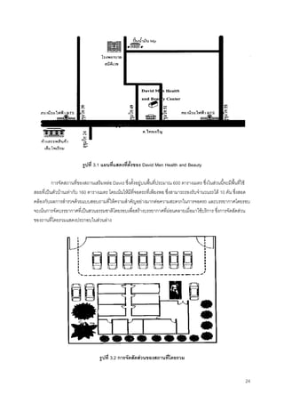 24
รูปที่ 3.1 แผนที่แสดงที่ตั้งของ David Men Health and Beauty
การจัดสถานที่ของสถานเสริมหลอ David ซึ่งตั้งอยูบนพื้นที่ประมาณ 600 ตารางเมตร ซึ่งในสวนนี้จะมีพื้นที่ใช
สอยที่เปนตัวบานเทากับ 160 ตารางเมตร โดยเนนใหมีที่จอดรถที่เพียงพอ ซึ่งสามารถรองรับจํานวนรถได 10 คัน ซึ่งสอด
คลองกับผลการสํารวจดวยแบบสอบถามที่ใหความสําคัญอยางมากตอความสะดวกในการจอดรถ และบรรยากาศโดยรอบ
จะเนนการจัดบรรยากาศที่เปนสวนธรรมชาติโดยรอบเพื่อสรางบรรยากาศที่ผอนคลายเมื่อมาใชบริการ ซึ่งการจัดสัดสวน
ของถานที่โดยรวมแสดงประกอบในสวนลาง
รูปที่ 3.2 การจัดสัดสวนของสถานที่โดยรวม
 