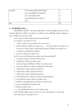 30
บุคคลทั่วไป โรงภาพยนตเมเจอรซีเนเพล็กซสาขาสุขุมวิท
รานกาแฟคอฟฟบีนส สาขาดิเอ็มโพเรี่ยม
รานกาแฟคาเฟอีส สาขาสีลม
หางสรรพสินคาเซ็นทรัล สาขาปนเกลา
อื่น ๆ
14
12
18
12
22
รวม 212
4.7 เครื่องมือที่ใชในการสํารวจ
เครื่องมือที่ใชในการวิจัยครั้งนี้ คือแบบสอบถามที่สรางขึ้นจากากรทําสัมภาษณผูเชี่ยวชาญดานความงามและ
กลุมเปาหมายที่คุนเคยกับการใชบริการสถานเสริมความงาม เพื่อสรางแบบสอบถามที่มีตัวเลือก เพื่อสะดวกตอผูตอบแบบ
สอบถาม โดยไดแบงคําถามออกเปน 3 สวนคือ
สวนที่ 1 พฤติกรรมการใชบริการเสริมความหลอ ดังรายละเอียดตอไปนี้
คําถามในสวนที่ 1 ประกอบดวยคําถาม 4 ขอ
1. การรูจักสถานเสริมความงามของกลุมตัวอยาง(Brand Awareness)
2. พฤติกรรมในอดีตของการใชบริการสถานเสริมความงาม ประกอบดวยการใชบริการสถานเสริมความงาม
ประเภทตางๆ ความถี่ในการใชบริการ คาใชจายตอครั้ง เหตุผลของการไมใชบริการสถานเสริมความงาม
3. สถานเสริมความงามที่กลุมตัวอยางเคยใชบริการ
4. ประเภทของการใชบริการสถานเสริมความงาม
สวนที่ 2 โอกาสความเปนไปไดของธุรกิจสถานเสริมความหลอ ดังรายละเอียดตอไปนี้
5. การยอมรับของกลุมตัวอยางตอธุรกิจสถานเสริมความหลอ
6. ปจจัยที่มีผลตอการใชบริการสถานเสริมความหลอ
7. ลําดับความสําคัญของปจจัยที่มีผลตอการใชบริการสถานเสริมความหลอ
8. ประเภทของการใชบริการสถานเสริมความหลอที่กลุมตัวอยางใหความสนใจ
9. คาใชจายสําหรับการใชบริการดูแลหนาของกลุมตัวอยาง
10. คาใชจายสําหรับการใชบริการดูแลตัวของกลุมตัวอยาง
11. คาใชจายสําหรับการใชบริการลดไขมันของกลุมตัวอยาง
12. คาใชจายตอเดือนสําหรับการใชบริการสถานเสริมความหลอของกลุมตัวอยาง
13. ชวงเวลาที่กลุมตัวอยางตองการใชบริการสถานเสริมความหลอ
14. ปจจัยที่สามารถชักชวนใหกลุมตัวอยางมาใชบริการสถานเสริมความหลอ
15. ลักษณะสําคัญของที่ตั้งของสถานเสริมความหลอ
16. ที่ตั้งของสถานเสริมความหลอ
17. การบริการเสริมที่กลุมตัวอยางตองการจากบริการเสริมความหลอ
สวนที่ 3 ขอมูลเกี่ยวกับผูตอบแบบสอบถาม คือ เพศ อายุ ระดับการศึกษาสูงสุด สถานภาพและรายได
ตัวอยางของแบบสอบถาม แสดงอยูในภาคผนวก
 