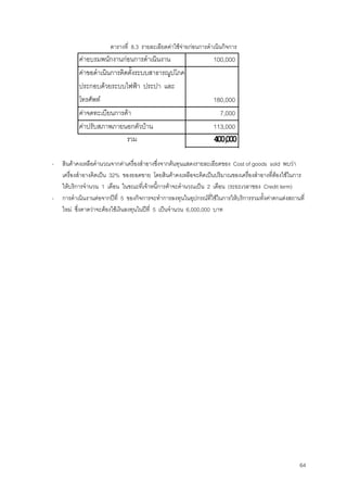 64
ตารางที่ 8.3 รายละเอียดคาใชจายกอนการดําเนินกิจการ
คาอบรมพนักงานกอนการดําเนินงาน 100,000
คาขอดําเนินการติดตั้งระบบสาธารณูปโภค
ประกอบดวยระบบไฟฟา ประปา และ
โทรศัพท 180,000
คาจดทะเบียนการคา 7,000
คาปรับสภาพภายนอกตัวบาน 113,000
รวม 400,000
- สินคาคงเหลือคํานวณจากคาเครื่องสําอางซึ่งจากตนทุนแสดงรายละเอียดของ Cost of goods sold พบวา
เครื่องสําอางคิดเปน 32% ของยอดขาย โดยสินคาคงเหลือจะคิดเปนปริมาณของเครื่องสําอางที่ตองใชในการ
ใหบริการจํานวน 1 เดือน ในขณะที่เจาหนี้การคาจะคํานวณเปน 2 เดือน (ระยะเวลาของ Credit term)
- การดําเนินงานตอจากปที่ 5 ของกิจการจะทําการลงทุนในอุปกรณที่ใชในการใหบริการรวมทั้งคาตกแตงสถานที่
ใหม ซึ่งคาดวาจะตองใชเงินลงทุนในปที่ 5 เปนจํานวน 6,000,000 บาท
 