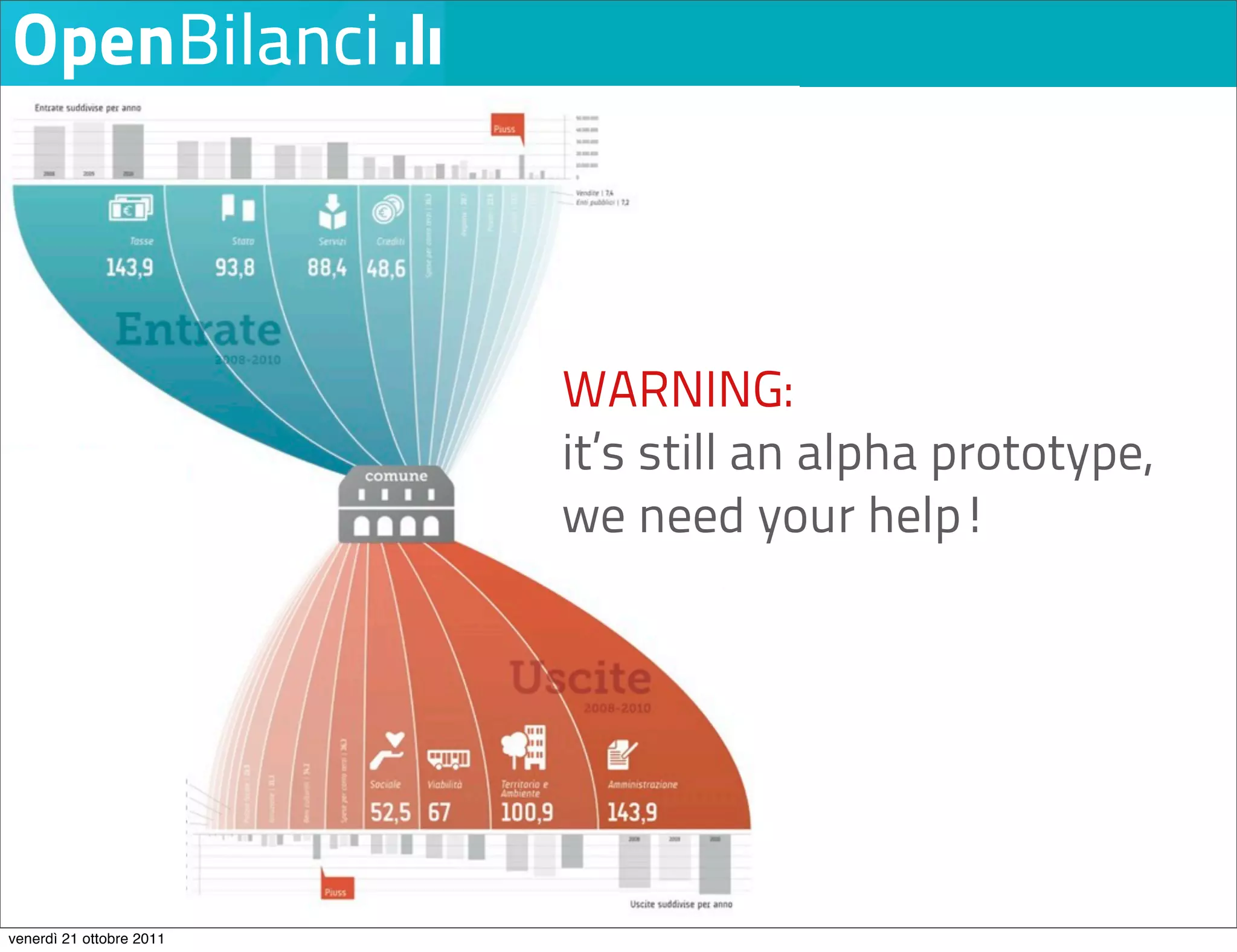 WARNING:
                          it’s still an alpha prototype,
                          we need your help!




venerdì 21 ottobre 2011
 