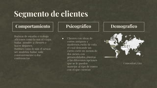 Segmento de clientes
Rutinas de estudio o trabajo,
aficiones como lo son el viajar,
bailar, atender a clientes o
hacer deportes.
Hobbies como lo son el actuar,
ser modelos, bailar, salir
constantemente o dar
conferencias
● Clientes con ideas de
cortes antiguos y
modernos, estilo de vida
el cual demande un
cierto corte en menos de
dos meses, con
personalidades abiertas
a las diferentes opciones
que se le pueden
manejar al tipo de rostro
con el que cuentan
Comonfort, Gto.
Comportamiento Psicográfico Demografico
 