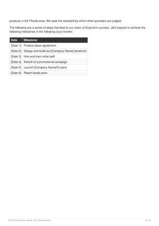products in the Florida area. We seek the standard by which other providers are judged.
The following are a series of steps that lead to our vision of long-term success. J&S expects to achieve the
following milestones in the following [xyz] months:
Date Milestone
[Date 1] Finalize lease agreement
[Date 2] Design and build out [Company Name] storefront
[Date 3] Hire and train initial staff
[Date 4] Kickoff of a promotional campaign
[Date 5] Launch [Company Name]?s store
[Date 6] Reach break-even
2019 Business Plan | Barber Shop Business Plan 18 / 24
 
