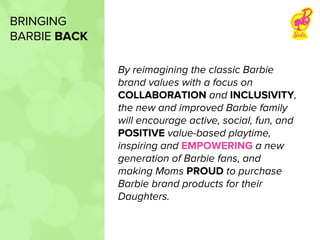 By reimagining the classic Barbie
brand values with a focus on
COLLABORATION and INCLUSIVITY,
the new and improved Barbie family
will encourage active, social, fun, and
POSITIVE value-based playtime,
inspiring and EMPOWERING a new
generation of Barbie fans, and
making Moms PROUD to purchase
Barbie brand products for their
Daughters.
BRINGING
BARBIE BACK
 