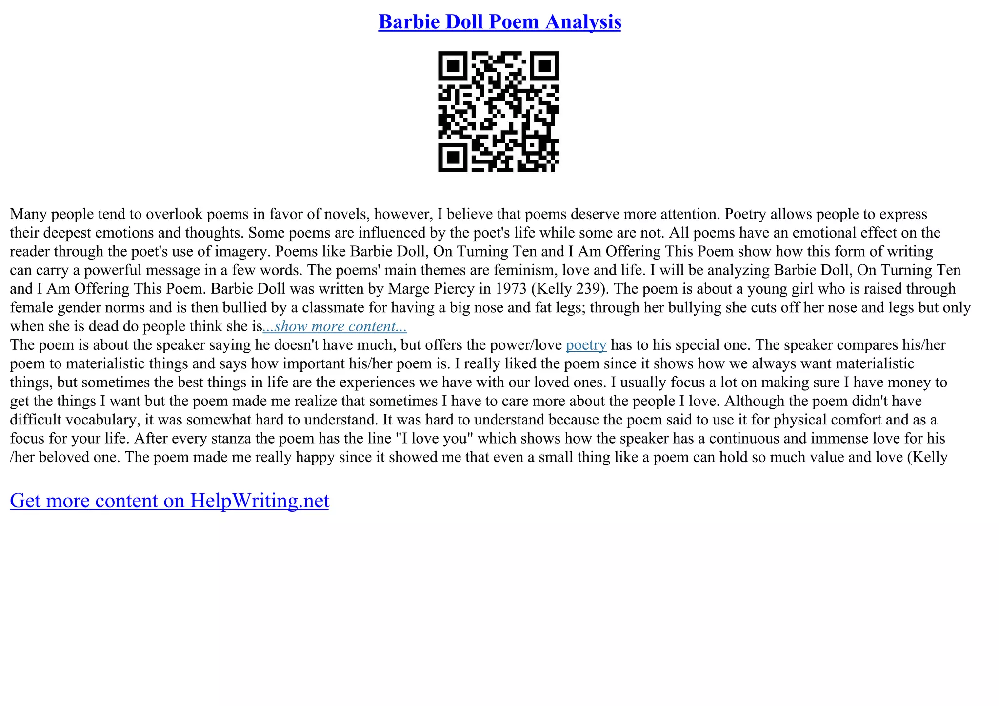 Barbie Doll Poem Analysis PPT