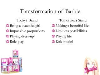Transformation of Barbie Today’s Brand Being a beautiful girl Impossible proportions Playing dress-up Role-play Tomorrow’s Stand Making a beautiful life Limitless possibilities Playing life Role-model 
