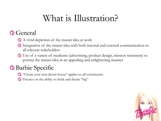 What is Illustration? General A vivid depiction of the master idea at work Integration of the master idea with both internal and external communication to all relevant stakeholders Use of a variety of mediums (advertising, product design, mission statement) to portray the master idea in an appealing and enlightening manner Barbie Specific “ Create your own dream house” applies to all constituents Focuses on the ability to think and dream “big” 