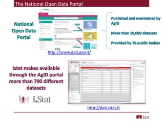 The National Open Data Portal
http://dati.istat.it
http://www.dati.gov.it/
 
