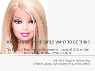 The Effect of Experimental Exposure to Images of Dolls on the Body Image of 5- to 8-Year-Old Girls PPSY 572 Research Methodology Christina Zavala, JeynNe Sanchez, & Alexis Moreno 