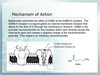 Mechanism of Action
Barbiturates potentiate the effect of GABA at the GABA-A receptor. The
GABA-A receptor is a ligand gated ion channel membrane receptor that
allows for the flow of Cl through the membrane in neurons. GABA is the
principle neurotransmitter for this receptor which upon binding causes the
channel to open and creates a negative charge in the transmembrane
potential. This makes it an Inhibitory neurotransmitter


                                         GABA binding site
                                         Barbiturate binding site




                                                                GABA
 