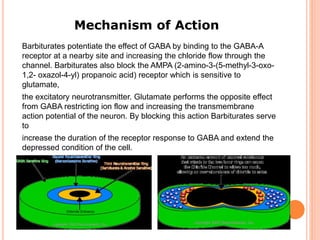 Mechanism of Action
Barbiturates potentiate the effect of GABA by binding to the GABA-A
receptor at a nearby site and increasing the chloride flow through the
channel. Barbiturates also block the AMPA (2-amino-3-(5-methyl-3-oxo-
1,2- oxazol-4-yl) propanoic acid) receptor which is sensitive to
glutamate,
the excitatory neurotransmitter. Glutamate performs the opposite effect
from GABA restricting ion flow and increasing the transmembrane
action potential of the neuron. By blocking this action Barbiturates serve
to
increase the duration of the receptor response to GABA and extend the
depressed condition of the cell.
 