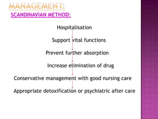 SCANDINAVIAN METHOD:
Hospitalisation
Support vital functions
Prevent further absorption
Increase elimination of drug
Conservative management with good nursing care
Appropriate detoxification or psychiatric after care
 
