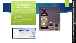 Fenobarbital & 25 
Butabarbital 
•Antagonismo los efectos 
estimulantes adversos en 
el SNC 
•Efedrina 
•Dextroanfetamina 
•Teofilina 
Efectos Terapéuticos: Aplicaciones en el Sistema Nervioso 
Central 
 