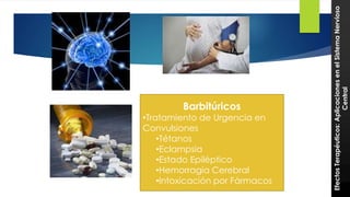 27 
Barbitúricos 
•Tratamiento de Urgencia en 
Convulsiones 
•Tétanos 
•Eclampsia 
•Estado Epiléptico 
•Hemorragia Cerebral 
•Intoxicación por Fármacos 
Efectos Terapéuticos: Aplicaciones en el Sistema Nervioso 
Central 
 