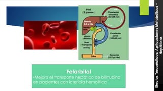 39 
Efectos Terapéuticos: Aplicaciones Metabólicas – 
Hepáticas 
Fetarbital 
•Mejora el transporte hepático de bilirrubina 
en pacientes con ictericia hemolítica 
 
