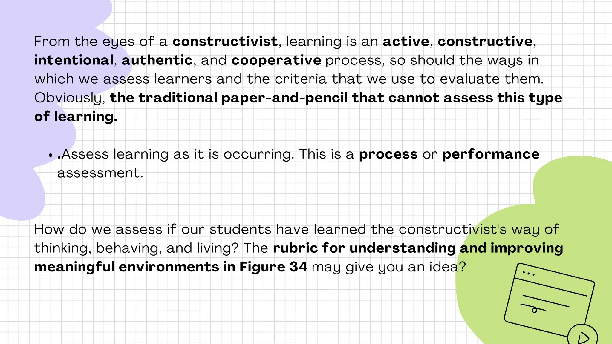 From the eyes of a constructivist, learning is an active, constructive,
intentional, authentic, and cooperative process, so should the ways in
which we assess learners and the criteria that we use to evaluate them.
Obviously, the traditional paper-and-pencil that cannot assess this type
of learning.
.Assess learning as it is occurring. This is a process or performance
assessment.
How do we assess if our students have learned the constructivist's way of
thinking, behaving, and living? The rubric for understanding and improving
meaningful environments in Figure 34 may give you an idea?
 