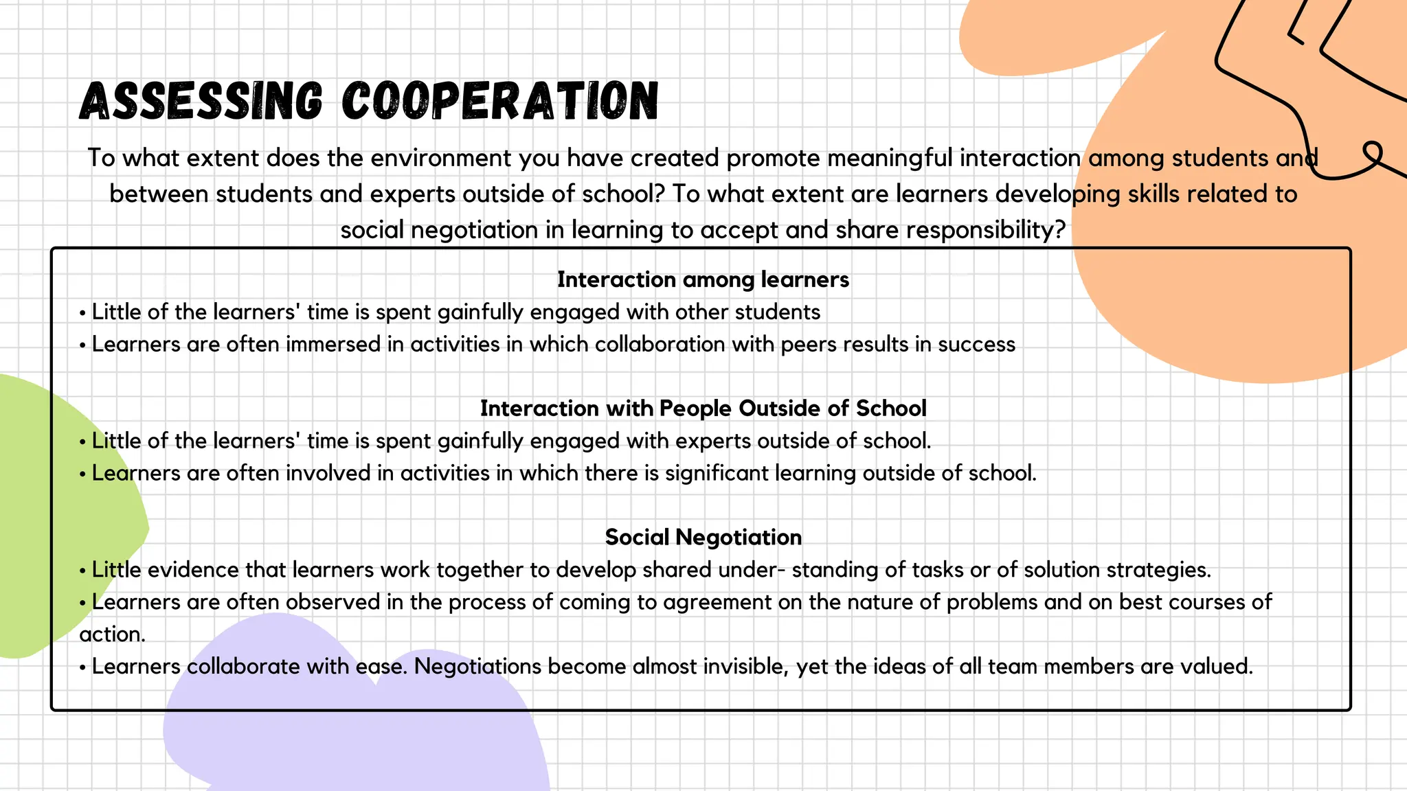 To what extent does the environment you have created promote meaningful interaction among students and
between students and experts outside of school? To what extent are learners developing skills related to
social negotiation in learning to accept and share responsibility?
Interaction among learners
• Little of the learners' time is spent gainfully engaged with other students
• Learners are often immersed in activities in which collaboration with peers results in success
Interaction with People Outside of School
• Little of the learners' time is spent gainfully engaged with experts outside of school.
• Learners are often involved in activities in which there is significant learning outside of school.
Social Negotiation
• Little evidence that learners work together to develop shared under- standing of tasks or of solution strategies.
• Learners are often observed in the process of coming to agreement on the nature of problems and on best courses of
action.
• Learners collaborate with ease. Negotiations become almost invisible, yet the ideas of all team members are valued.
Assessing Cooperation
 