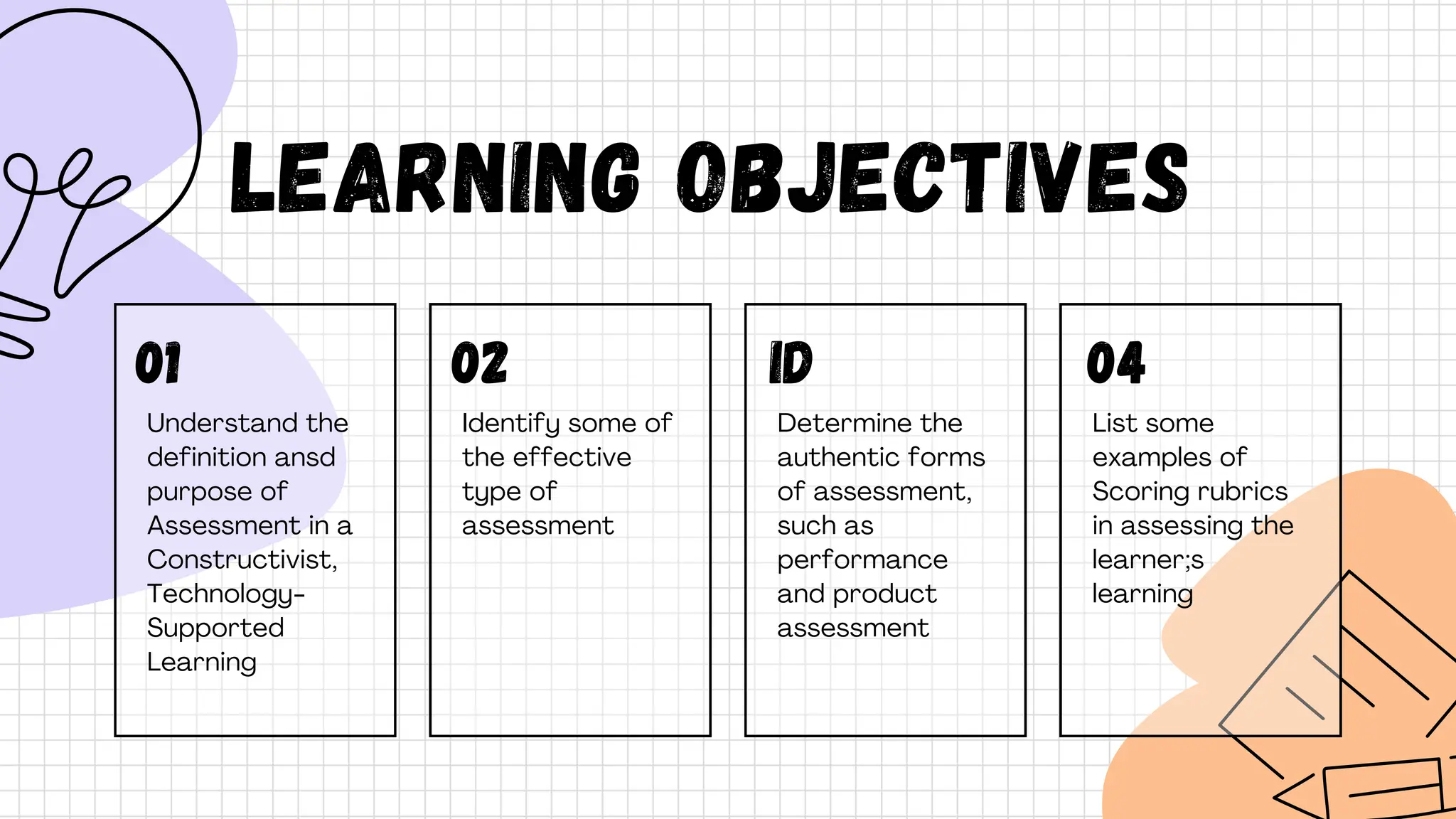 Learning OBJECTIVES
Understand the
definition ansd
purpose of
Assessment in a
Constructivist,
Technology-
Supported
Learning
01
Identify some of
the effective
type of
assessment
Id
List some
examples of
Scoring rubrics
in assessing the
learner;s
learning
04
Determine the
authentic forms
of assessment,
such as
performance
and product
assessment
02
 