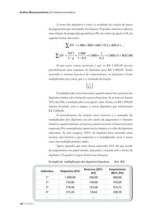 126 C E D E R J
Análise Macroeconômica | O sistema monetário
A soma dos depósitos à vista é o resultado da criação de meios
de pagamentos por intermédio dos bancos. O quadro anterior evidencia
uma relação de progressão geométrica (PG) de razão (q) igual a 0,8, da
seguinte forma (em reais):
O que essas contas mostram é que os R$ 1.000,00 iniciais
possibilitaram uma expansão de depósitos para R$ 5.000,00. Tendo
ocorrido o sistema bancário de empréstimos, os depósitos foram
multiplicados por cinco, que é o resultado da fração:
O multiplicador será tanto maior quanto menor for a parcela dos
depósitos retidos sob a forma de reservas bancárias. Se as reservas fossem
50% dos DV, o multiplicador seria igual a dois. Então, os R$ 1.000,00
iniciais levariam, com o tempo, a novos depósitos que totalizariam
R$ 2.000,00.
O entendimento da relação entre reservas e o tamanho do
multiplicador dos depósitos (ou dos meios de pagamento) é bastante
intuitivo: quanto maiores as reservas, menos recursos o banco terá para
emprestar. Por conseqüência, menor será o número e o valor de depósitos
adicionais. Se, por exagero, 100% do depósito fosse mantido como
encaixe, não haveria o que emprestar e o multiplicador seria 1 (nesse
caso, não multiplicaríamos nada).
Agora suponha que cada cliente mantenha 10% do que recebe
de empréstimos em papel-moeda, deixando o restante sob a forma de
depósitos. O quadro a seguir ilustra essa situação:
Indivíduo Depósitos (DV)
Reservas (20%
DV)
Empréstimos
(80% DV)
1º 1.000,00 200,00 800,00
2º 720,00 144,00 576,00
3º 518,40 103,68 414,72
4º 373,24 74,64 298,59
... ... ... ...
1
0 2,




Exemplo de multiplicação dos depósitos bancários (Em R$)
DV = + + + + +∑ 1 000 800 640 512 409 6. , ...
DV
DV
q
=
−
=
−
= × = × =∑
1
1
1 000
1 0 8
1 000
1
0 2
1 000 5 5 000
.
,
.
,
. $ .R
 