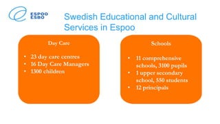 Swedish Educational and Cultural
Services in Espoo
Day Care
• 23 day care centres
• 16 Day Care Managers
• 1300 children
Schools
• 11 comprehensive
schools, 3100 pupils
• 1 upper secondary
school, 550 students
• 12 principals
 