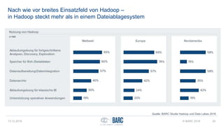 Nach wie vor breites Einsatzfeld von Hadoop –
in Hadoop steckt mehr als in einem Dateiablagesystem
13.12.2016 © BARC 2016 24
Quelle: BARC Studie Hadoop und Data Lakes 2016
 