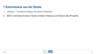 7 Erkenntnisse aus der Studie
1. Hadoop - Trendtechnologie mit hohem Potential
2. BICC und Data Science Teams treiben Hadoop und Data-Lake-Projekte
2016 27
 