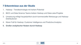 7 Erkenntnisse aus der Studie
1. Hadoop - Trendtechnologie mit hohem Potential
2. BICC und Data Science Teams treiben Hadoop und Data-Lake-Projekte
3. Umsetzung erfolgt hauptsächlich durch kommerzielle Werkzeuge und Hadoop-
Distributionen
4. Klarer Fall für Hadoop: Customer Intelligence und Predictive Analytics
5. Großer analytischer Nutzen durch Hadoop
2016 40
 