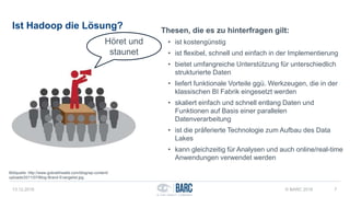 Ist Hadoop die Lösung?
13.12.2016 © BARC 2016 7
Bildquelle: http://www.gobraithwaite.com/blog/wp-content/
uploads/2011/07/Blog-Brand-Evangelist.jpg
Höret und
staunet
Thesen, die es zu hinterfragen gilt:
• ist kostengünstig
• ist flexibel, schnell und einfach in der Implementierung
• bietet umfangreiche Unterstützung für unterschiedlich
strukturierte Daten
• liefert funktionale Vorteile ggü. Werkzeugen, die in der
klassischen BI Fabrik eingesetzt werden
• skaliert einfach und schnell entlang Daten und
Funktionen auf Basis einer parallelen
Datenverarbeitung
• ist die präferierte Technologie zum Aufbau des Data
Lakes
• kann gleichzeitig für Analysen und auch online/real-time
Anwendungen verwendet werden
 