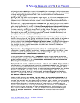 O Auto da Barca do Inferno | Gil Vicente

No começo do Auto o anjo divide o palco com o diabo e o seu companheiro. Os dois últimos estão
muito eufóricos enquanto realizam os preparativos da sua barca, pois sabem que ela partirá repleta
de almas. As posturas assumidas pelo anjo e pelo diabo acentuam ainda mais a tradicional
oposição entre Bem X Mal.
As poucas falas, que fazem do anjo uma figura quase estática, se contrapõem a alegria e ironia do
diabo. Assim, o diabo, que conhece muito bem cada um dos personagens que serão julgados,
revelando o que cada um tenta esconder, torna-se o centro das atenções e praticamente domina a
peça.
A primeira alma a chegar para o julgamento é o fidalgo. Ele vem vestido com uma roupa cheia de
requintes e acompanhado por um pajem, que carrega uma cadeira, simbolizando o seu status
social. Esse representante da nobreza é condenado à barca do inferno por ter levado uma vida
tirana cheia de luxúria e pecados. A arrogância e o orgulho do fidalgo são tantas que ele zomba
do diabo quando fica sabendo qual seria o destina do batel infernal, pois deixou “na outra vida”
quem reze por ele. O fidalgo dirigi-se então a barca da glória e só quando é rejeitado pelo anjo
percebe que de nada valem as orações encomendadas. Só então mostra-se arrependido, mas
como já era muito tarde, embarca no batel infernal.

O segundo personagem que sofre julgamento é o onzeneiro ambicioso. Ao chegar a barca do
inferno o diabo o chama de “meu parente”. Ao descobrir o destino do batel infernal, ele recusa-se a
embarcar e vai até a barca da glorificação, mas o anjo o acusa de onzena(agiotagem) e não
permite a sua entrada. Condenado pela ganância, usura e avareza, o onzeneiro retornar a barca
do inferno e tenta convencer o diabo a deixá-lo voltar ao mundo dos vivos para buscar o dinheiro
que acumulou durante a sua vida. Mas o diabo não cede a seus argumentos e ele acaba
embarcando no batel infernal.

A próxima alma a chegar é o parvo. Desprovido de tudo, ele é recebido pelo diabo, que tenta
convencê-lo a entrar em sua barca. Ao descobrir o destino do batel infernal, o parvo xinga o diabo
e vai até a o batel da glória. Lá chegando, o parvo diz não ser ninguém e, por causa da sua
humildade e modéstia, a sua sentença é a glorificação.

O outro personagem que entra em cena é o sapateiro, que traz consigo todas as ferramentas
necessárias para a execução do seu trabalho. Ao saber o destino da barca do inferno, ele recorre
ao anjo, mas sua tentativa é vã e ele é condenado por roubar o povo com seu ofício durante
30 anos e por sua falsidade religiosa.

Acompanhado pela amante, o próximo personagem a entrar em cena é o frade. Alegre, cantante e
bom dançarino, o frade veste-se com as tradicionais roupas sacerdotais e sob elas, instrumentos e
roupas usadas pelos praticantes da esgrima, esporte esse que ele se revela muito hábil. O frade
indigna-se quando o diabo o convida a entrar em sua embarcação, pois acredita que seus pecados
deveriam ser perdoados, uma vez que ele foi um representante religioso. Então ele, sempre
acompanhado da amante, segue até o batel da glória, onde o anjo sequer lhe dirige a palavra,
tamanha a sua reprovação, cabendo ao parvo a tarefa de condenar o frade à barca do inferno
por seu falso moralismo religioso.

Depois do frade, entra em cena Brísida Vaz, uma mistura de feiticeira com alcoviteira. Ao ser
recebida pelo diabo ela declara possuir muitas jóias e três arcas cheias de materiais usados em
feitiçaria. Mas seu maior bem são “seiscentos virgos postiços”. Como a palavra “virgo” corresponde
ao hímen, pode-se dizer que a alcoviteira Brísida Vaz prostituiu 600 meninas virgens. No entanto, o
adjetivo postiço dá margem a interpretação de que as moças não eram virgens e Brísida Vaz
enganou seiscentos homens. Ao saber qual era o destino do batel infernal, ela vai até à barca do
anjo e, com um discurso semelhante ao usado nas artes da sedução, tenta convencer o anjo a
deixá-la embarcar. Mas essa tentativa é inútil, pois ela é condenada à barca do inferno pela
prática de feitiçaria, prostituição e por alcovitagem (Servir de intermediário em relações
amorosas).




www.mundocultural.com.br - Análises Literárias
 