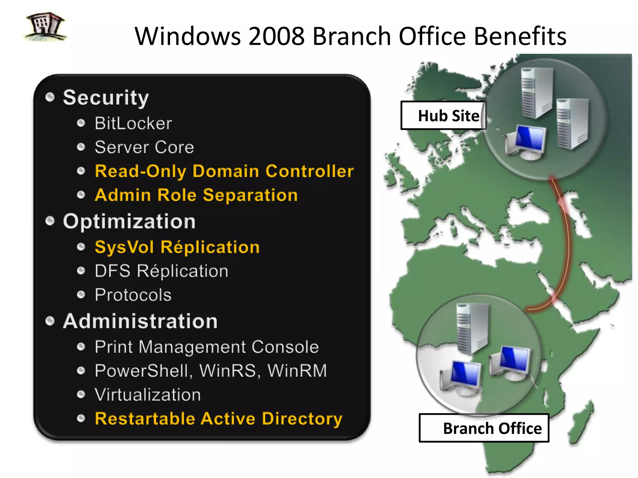 Windows 2008 Branch Office BenefitsSecurityBitLockerServer CoreRead-Only Domain ControllerAdmin Role SeparationOptimizationSysVolRéplicationDFS RéplicationProtocolsAdministrationPrint Management ConsolePowerShell, WinRS, WinRMVirtualizationRestartable Active DirectoryHub SiteBranch Office