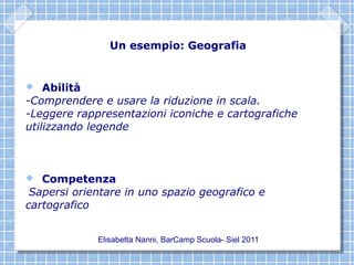 Un esempio: Geografia


   Abilità
-Comprendere e usare la riduzione in scala.
-Leggere rappresentazioni iconiche e cartografiche
utilizzando legende



  Competenza
 Sapersi orientare in uno spazio geografico e
cartografico


             Elisabetta Nanni, BarCamp Scuola- Siel 2011
 