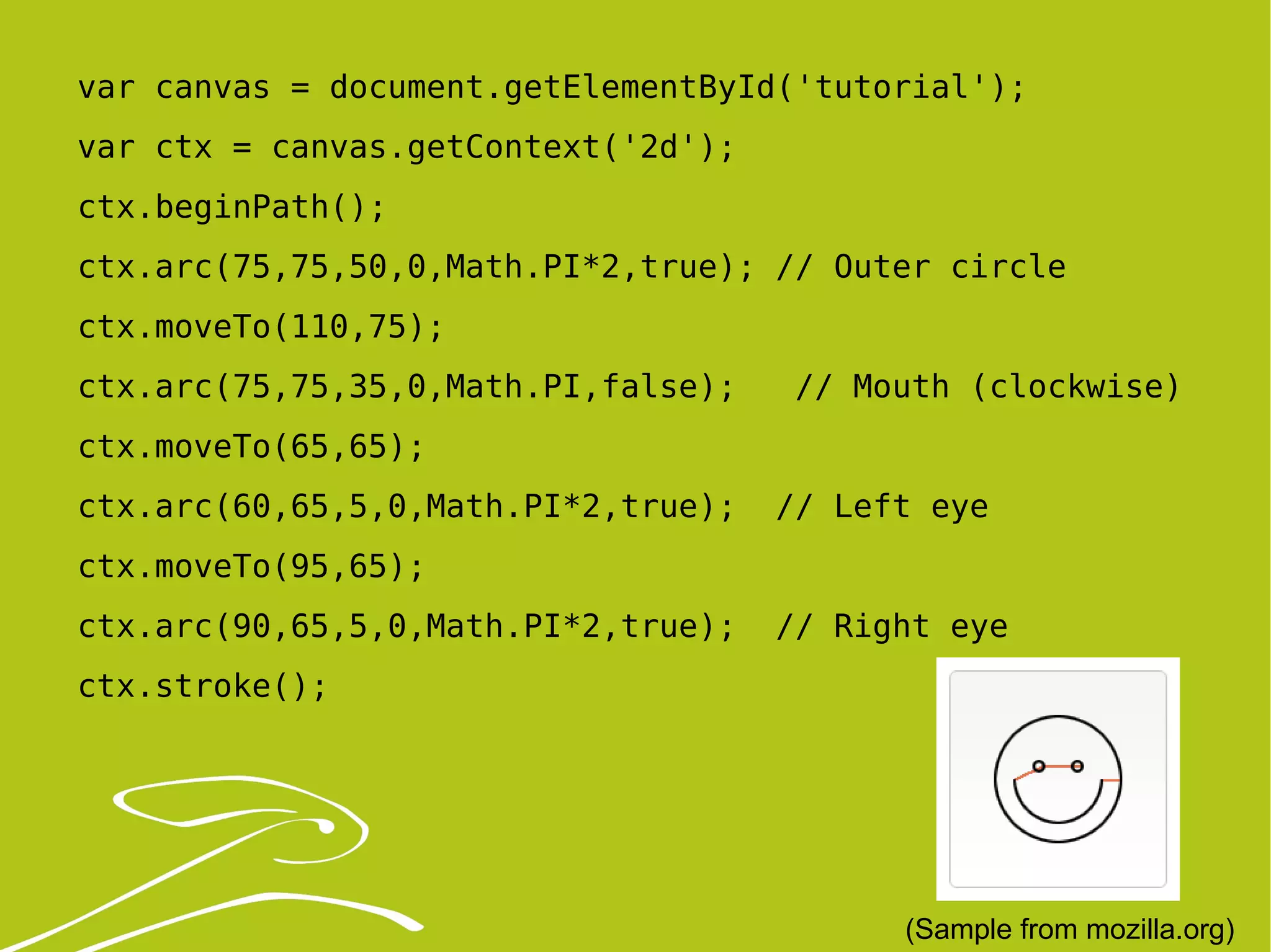 var canvas = document.getElementById('tutorial'); var ctx = canvas.getContext('2d'); ctx.beginPath(); ctx.arc(75,75,50,0,Math.PI*2,true); // Outer circle ctx.moveTo(110,75); ctx.arc(75,75,35,0,Math.PI,false);  // Mouth (clockwise) ctx.moveTo(65,65); ctx.arc(60,65,5,0,Math.PI*2,true);  // Left eye ctx.moveTo(95,65); ctx.arc(90,65,5,0,Math.PI*2,true);  // Right eye ctx.stroke(); (Sample from mozilla.org) 